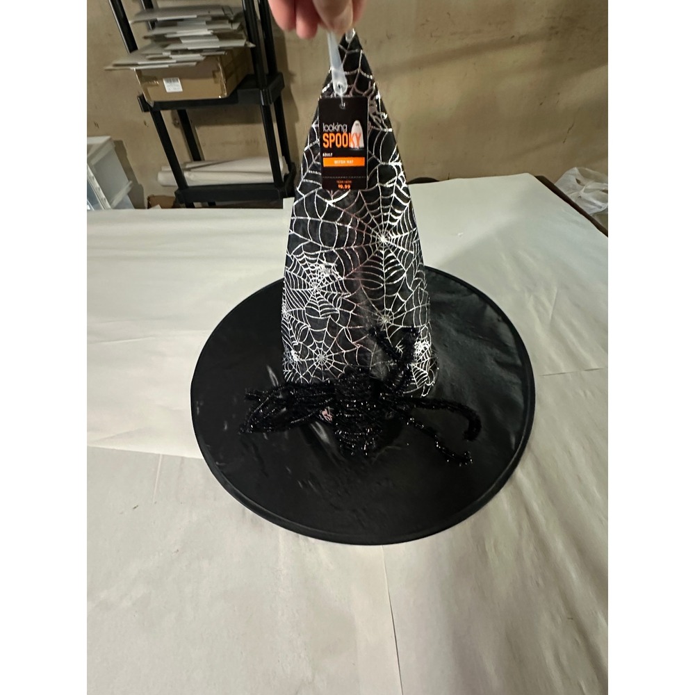 Looking Spooky Halloween Adult Witch Hat Silver Spiderweb Glitter Spider Black